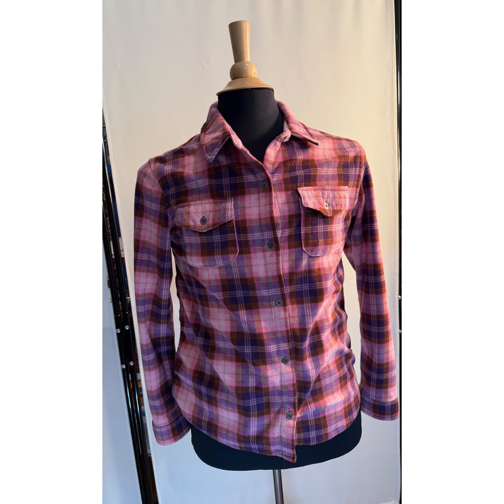 Eddie Bauer Women's Pink Purple Plaid Fleece Button Up Shirt Small